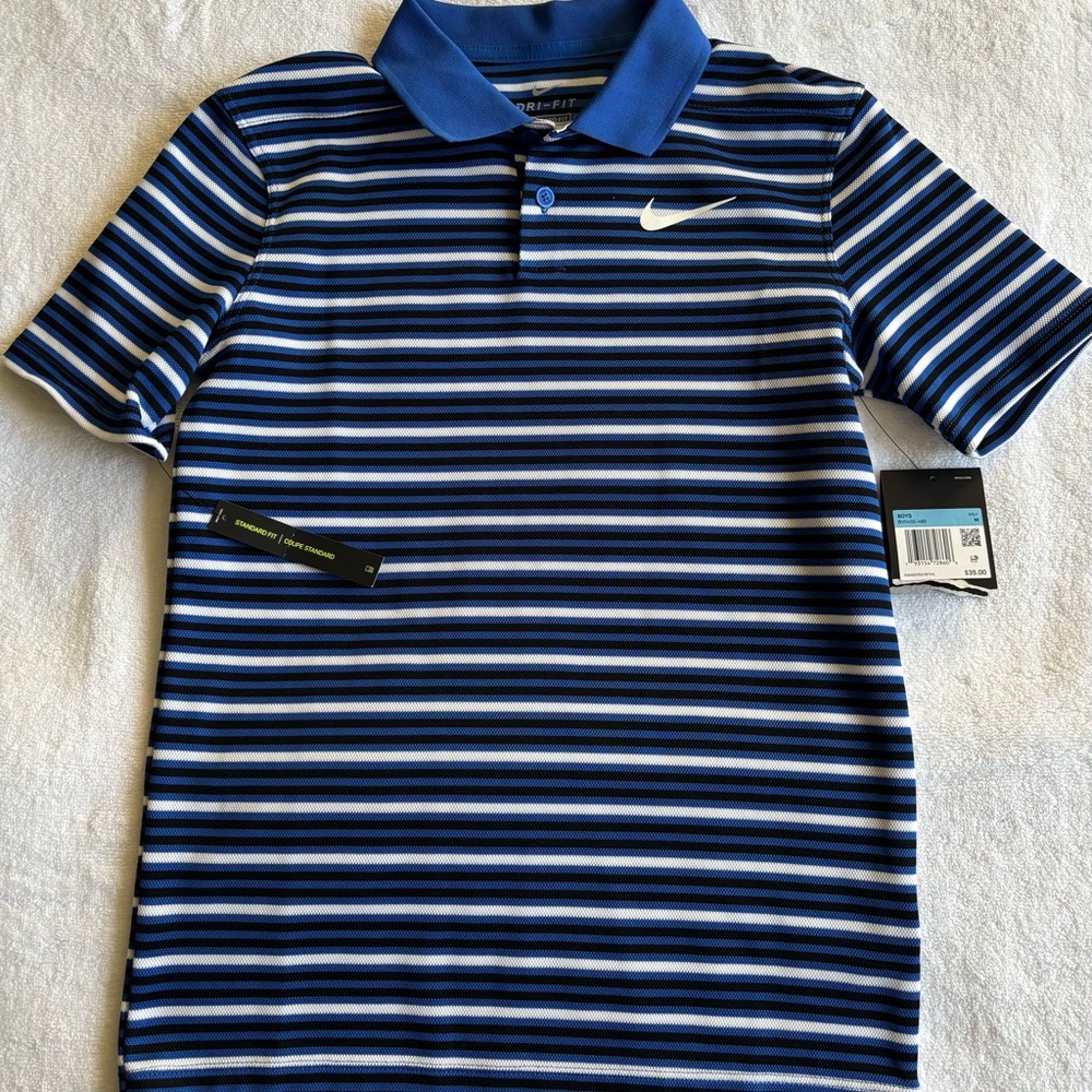 Brand New w/tags Nike Boys M standard fit blue and white DriFit polo shirt.